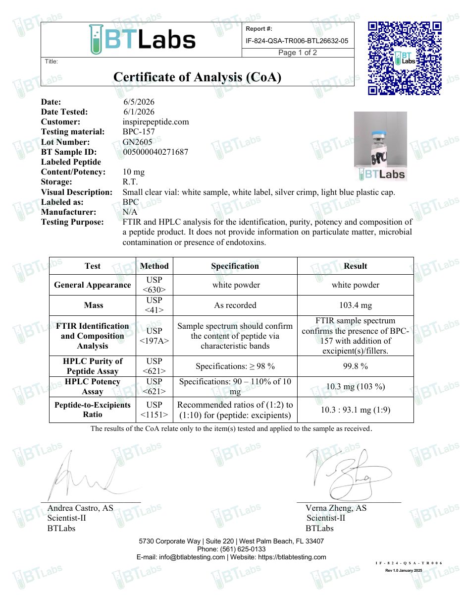 Certificat d’analyse BPC-157 10 mg, page 1