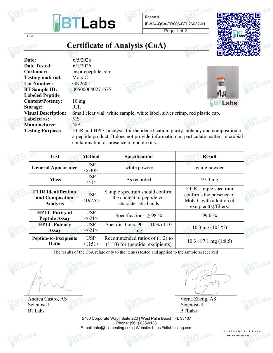Certificat d’analyse MOTS-c 10 mg, page 1