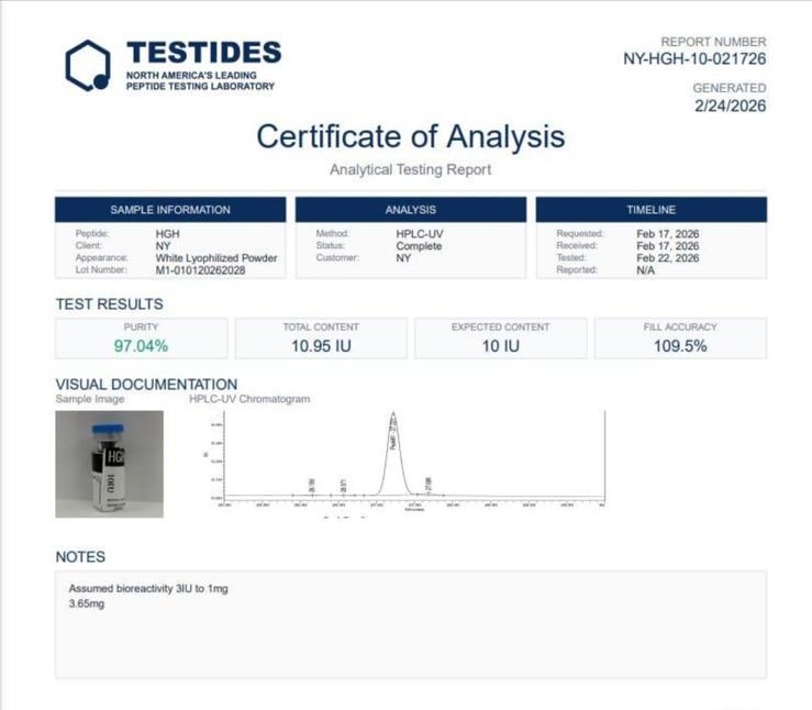 Certificat d’analyse Testides Somatropine 10 UI