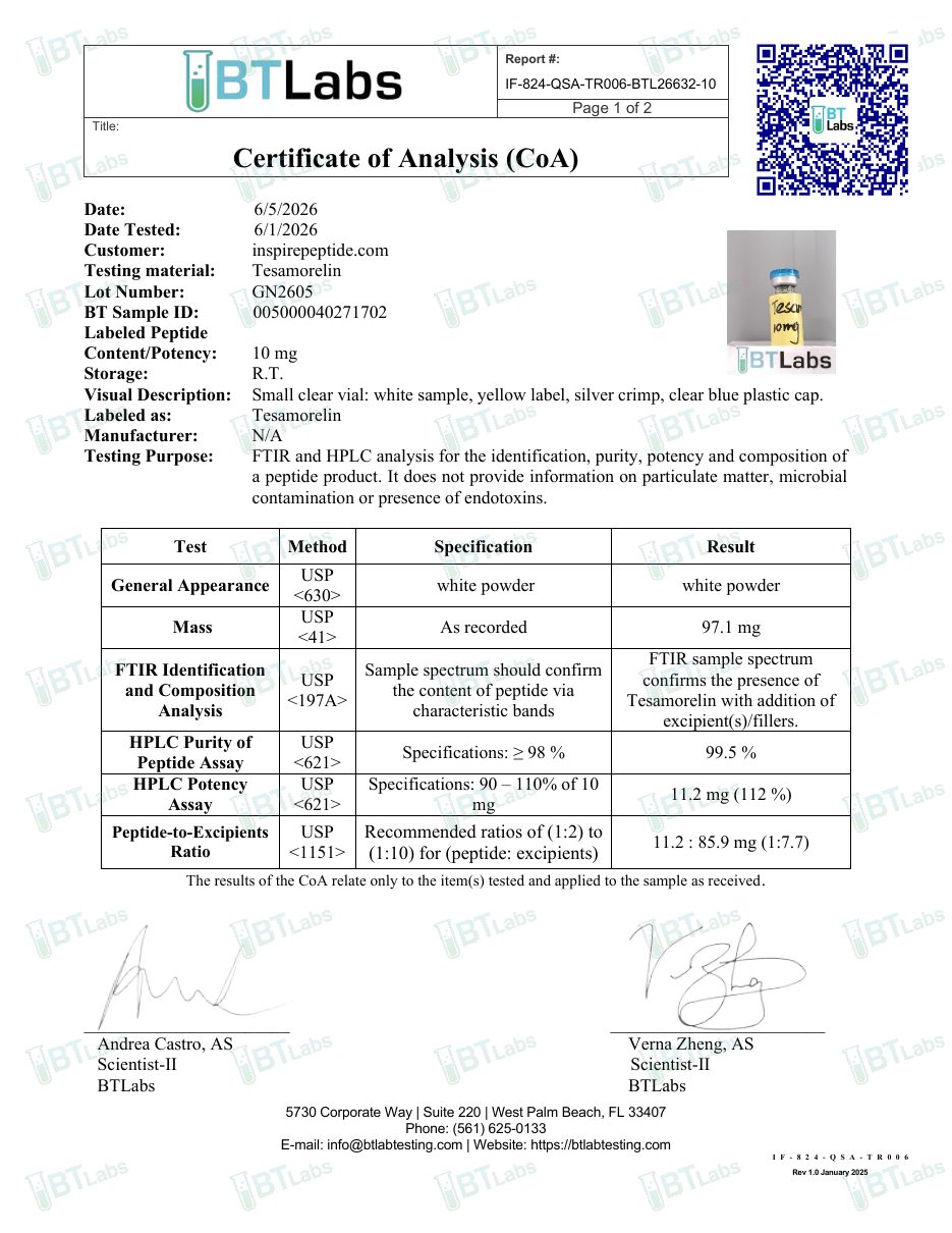 Certificat d’analyse Tesamorelin 10 mg, page 1